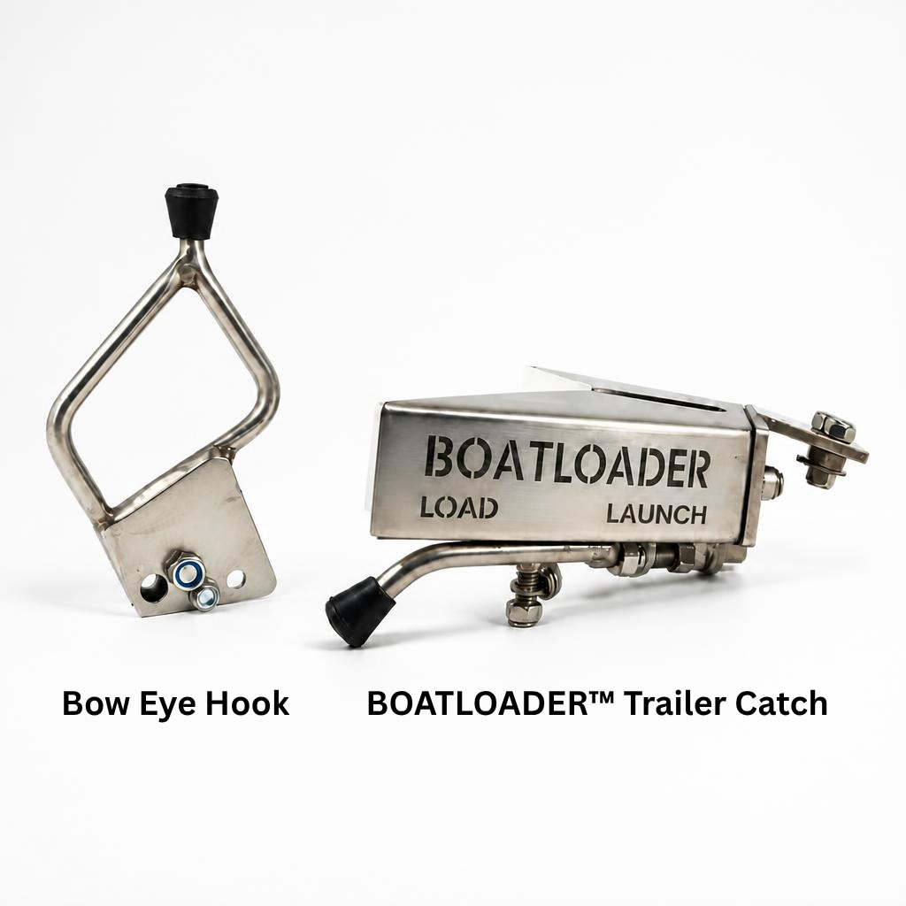 Boatloader trailer catch and boat hook mounting hardware shown on a white background 