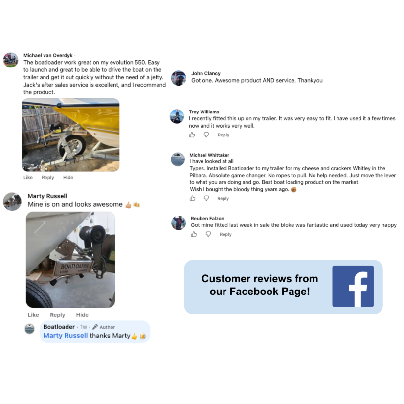 A promotional graphic showing several Facebook customer review posts with photos and comments from the boatloader facebook page, plus a blue badge that reads 'Customer reviews from our Facebook Page!' with a Facebook logo.