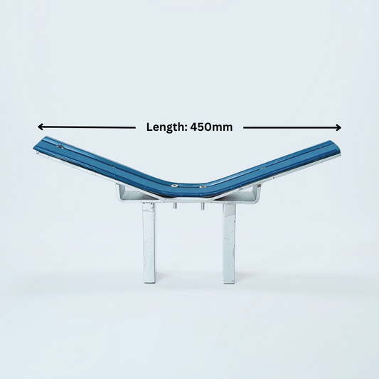 A blue curved metal panel supported by two silver legs, shown on a light gray studio background with a black dimension arrow and text reading 'Length: 450mm'.